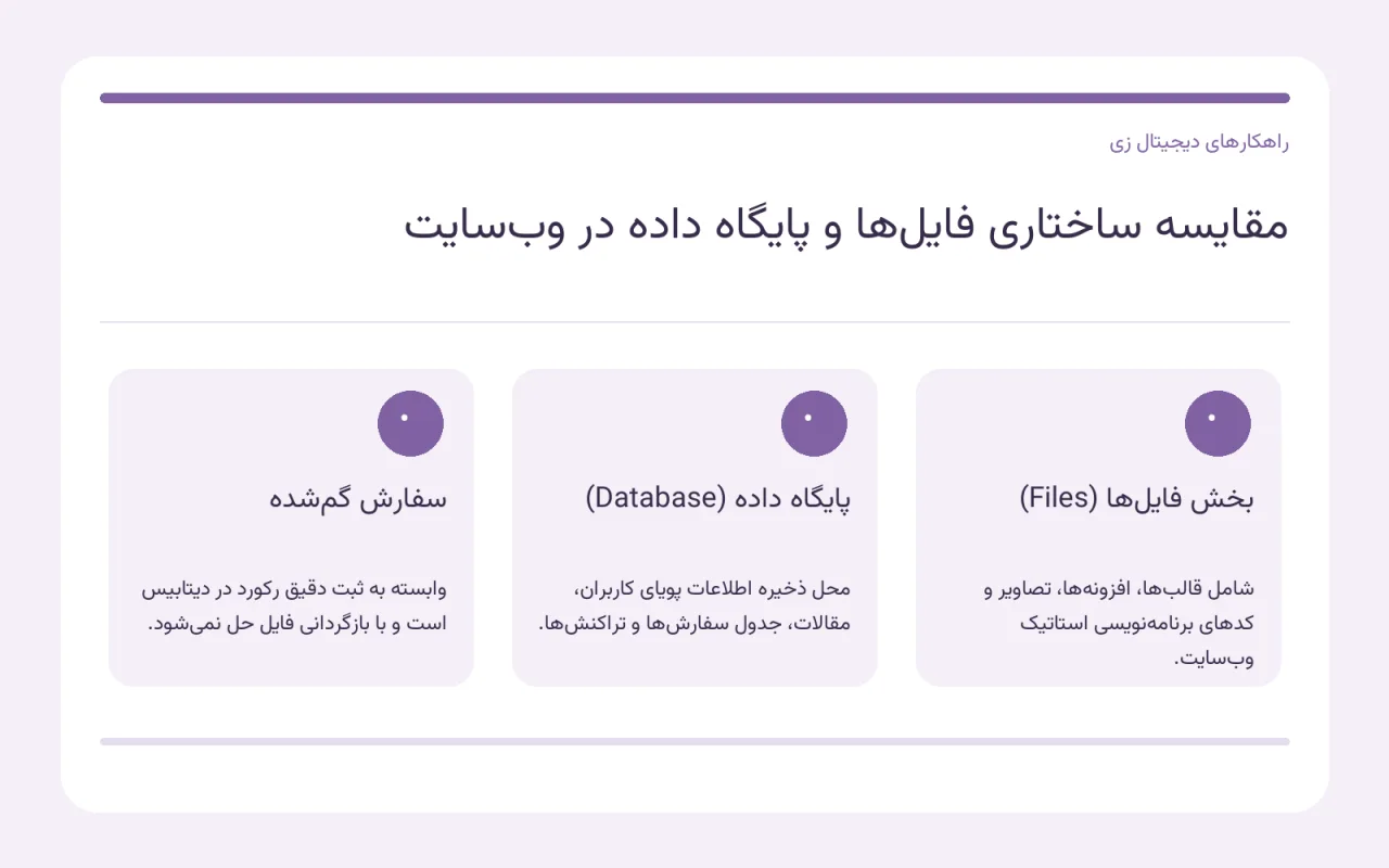 نمودار مقایسه‌ای ساختار فایل‌های وب‌سایت در مقابل پایگاه داده و تاثیر آن بر سفارش‌های فروشگاهی